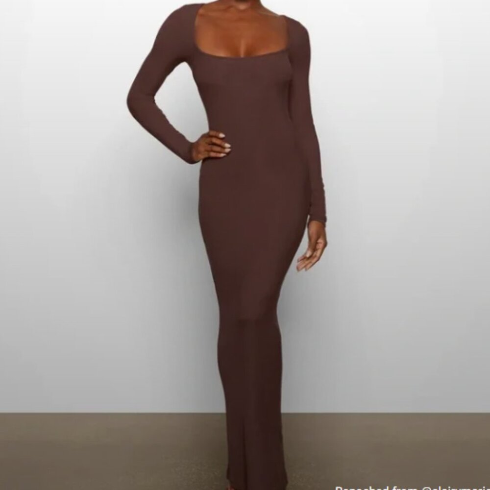 SKIMS Soft Lounge Long Sleeve Slip Dress Womens 4X Cocoa Brown Low Bust Plus NWT